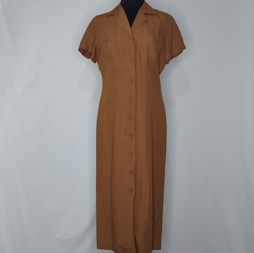 Casual Corner Midi Shirt-Dress Button Pocket Collar Short Sleeve Rust Linen 12